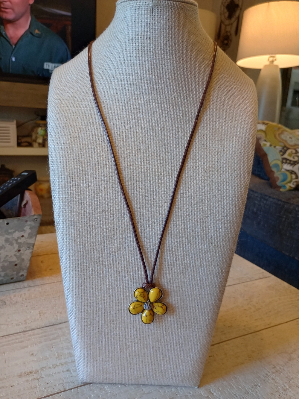 paparazzi Yellow Flower Pendant on Brown Cord